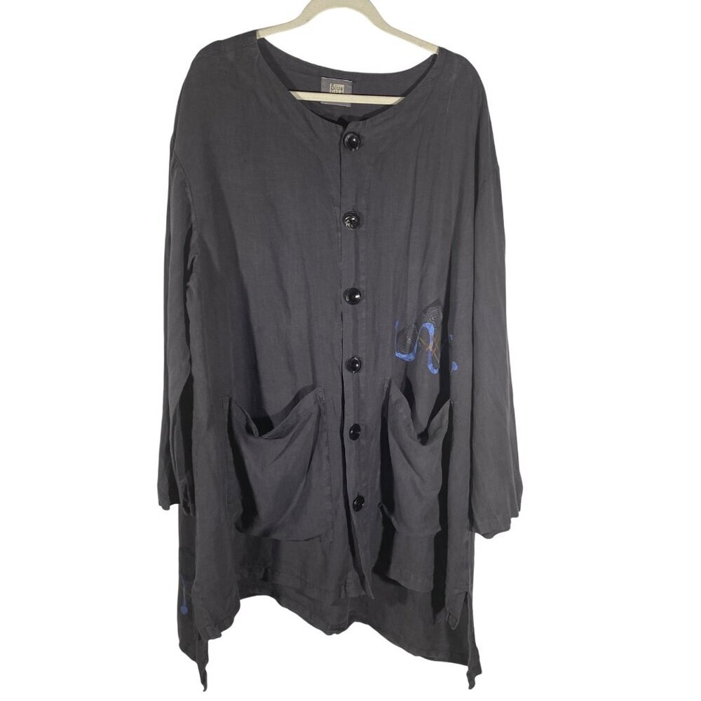 Blue Fish tunic top wave print button front hand printed Size 2 neutral organic